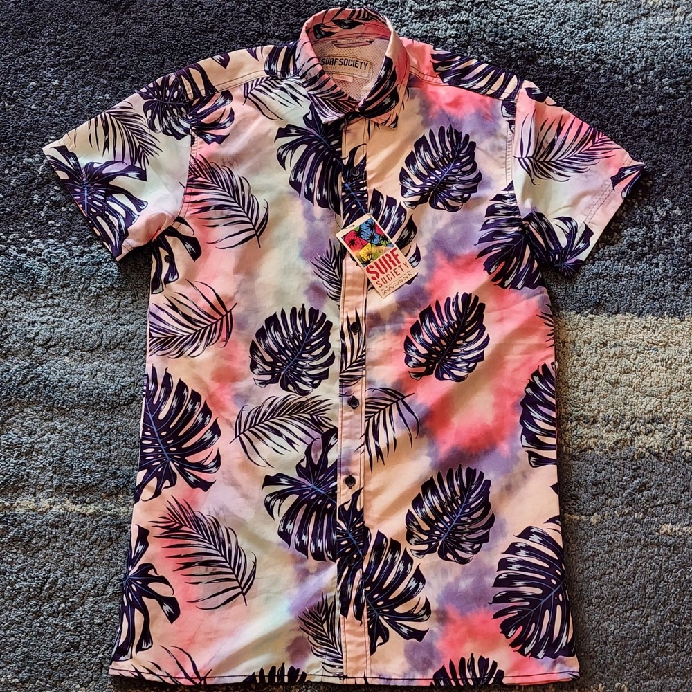 Surf Society Button Up Short Sleeve Shirt Hawaiian Palm Tree Tye Dye Men's Small